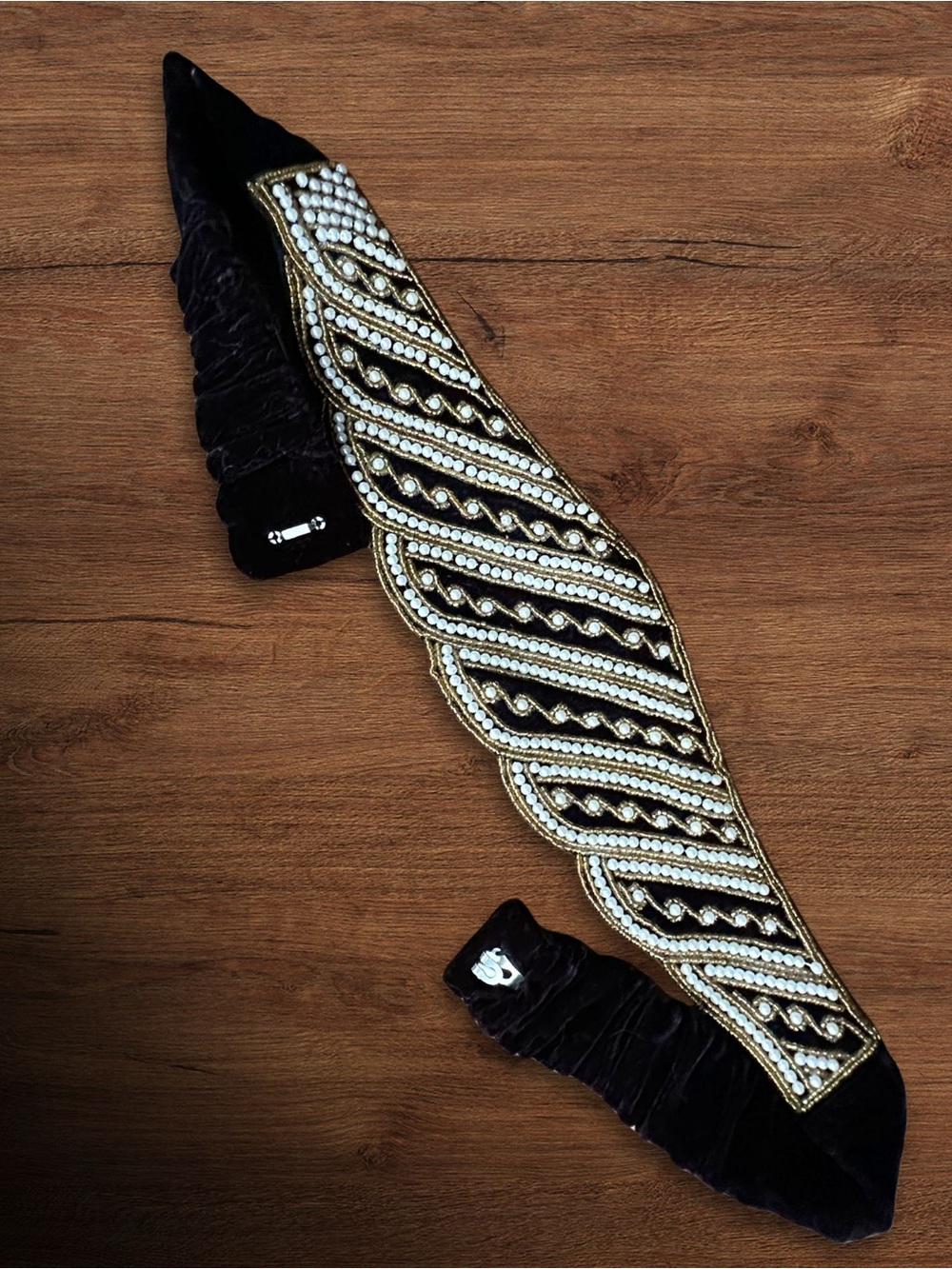 Vintage 90’s Black Velour Waist Belt with Pearl & Gold Accents